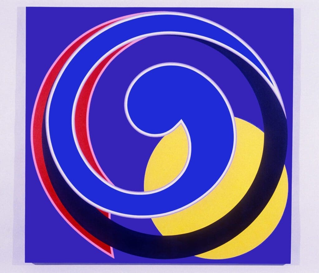 Blue spiral with yellow disk and red accents