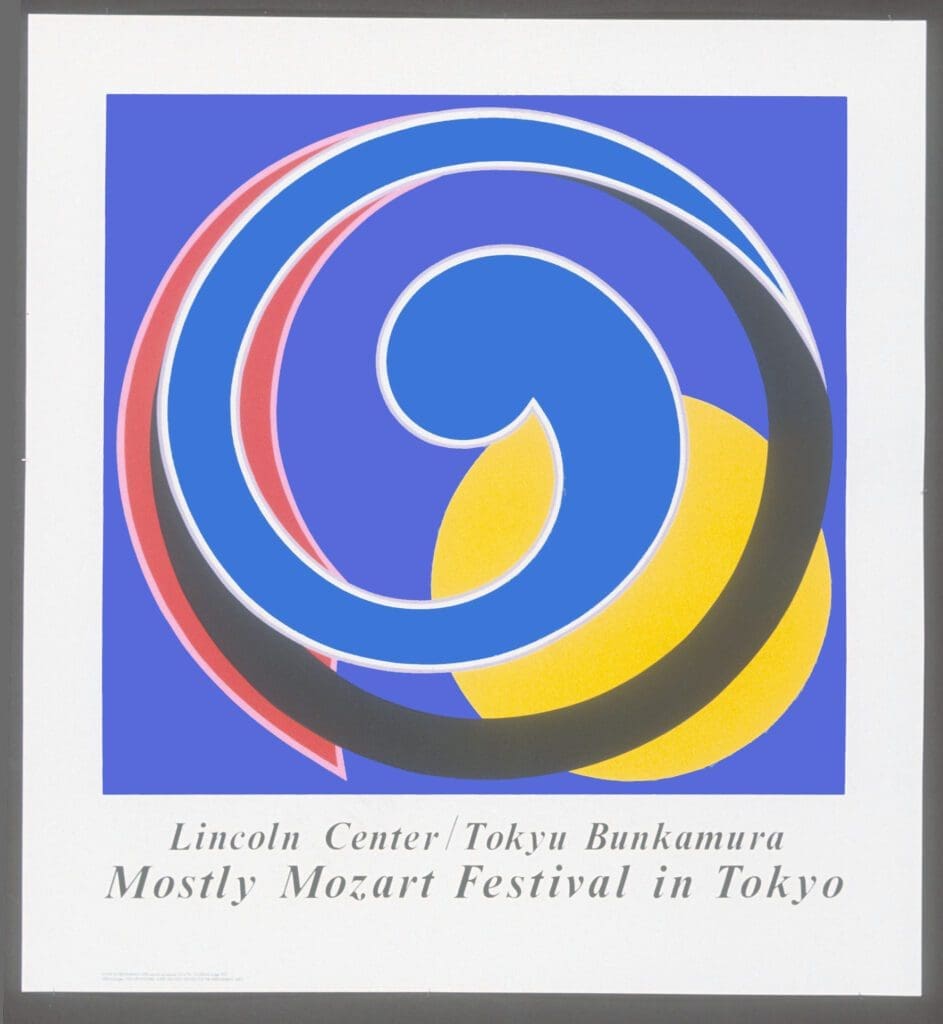 A poster of an abstract design in blue and yellow.