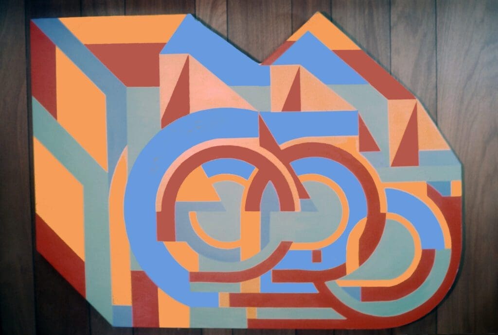 Abstract geometric painting with interlocking shapes in blue, orange, and peach tones.