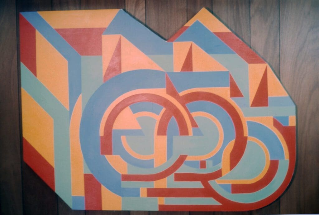 Colorful interlocking circles and angular geometric shapes