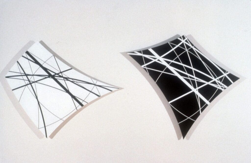Two abstract geometric art pieces with black and white intersecting lines.