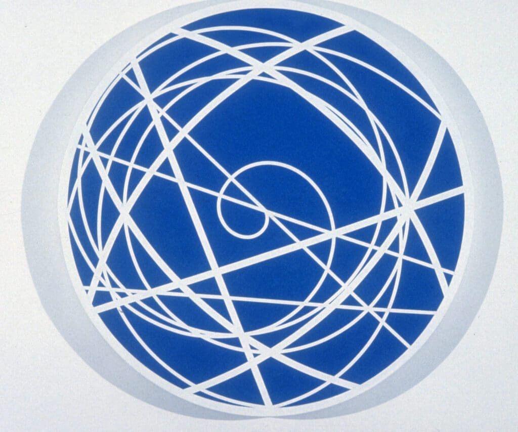 Abstract blue and white circular design with intersecting lines.