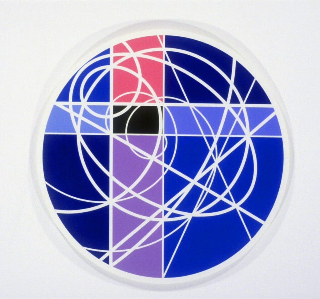 A circular painting of intersecting lines and circles.