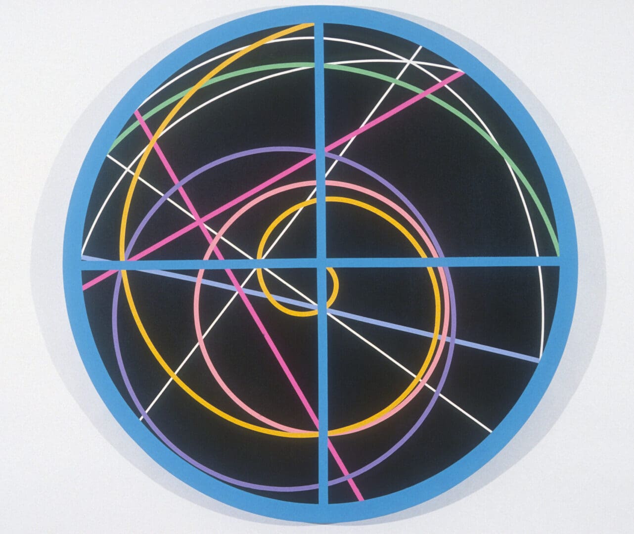 A circular painting with multiple lines drawn in it.