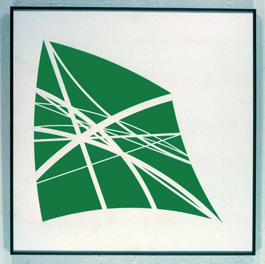 A green and white abstract painting in a frame.