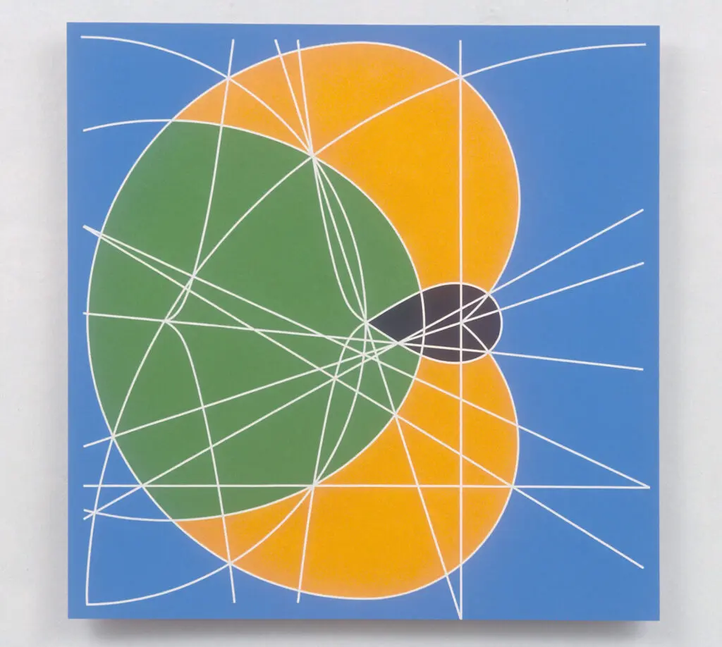 A painting of an orange and green circle