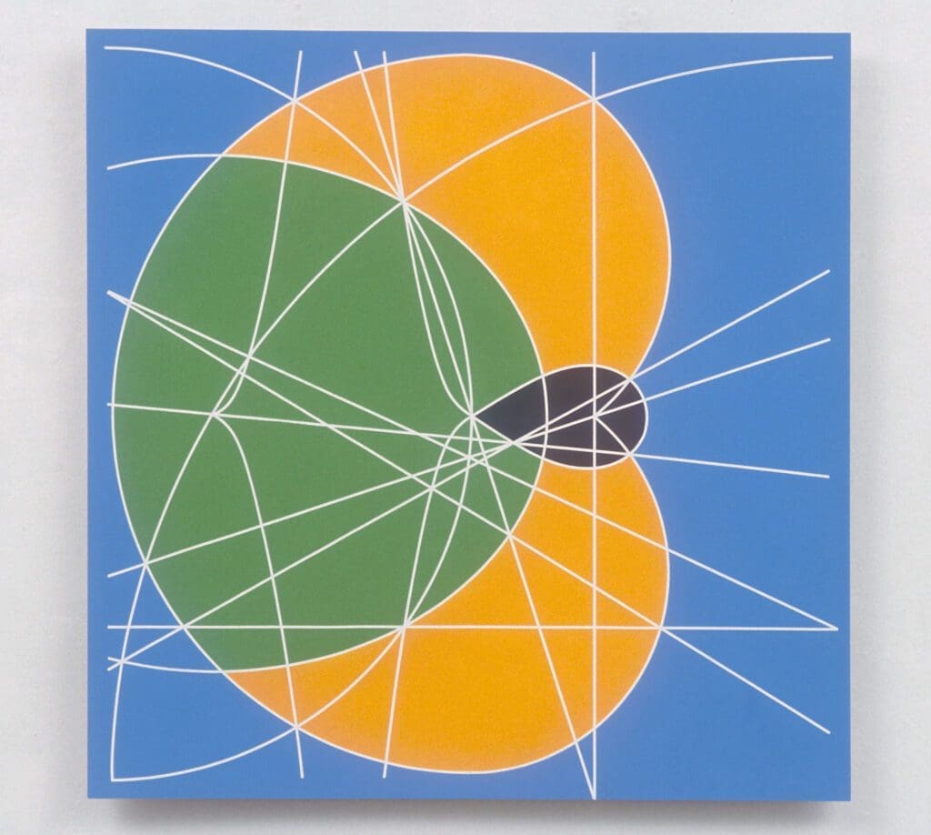A painting of an orange and green circle with lines drawn all around it.