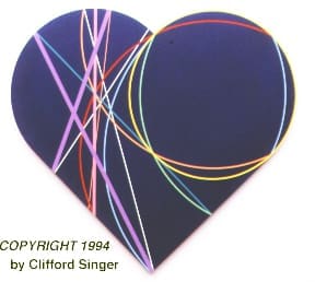 Heart-shaped navy canvas with curved rainbow arcs