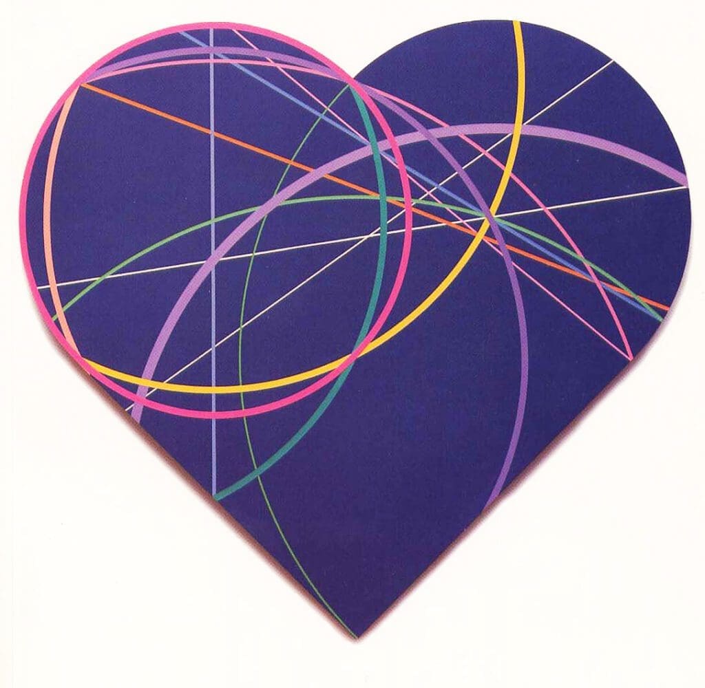 Deep violet heart crossed by neon curved lines