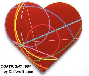 Geometric red heart with multicolored lines