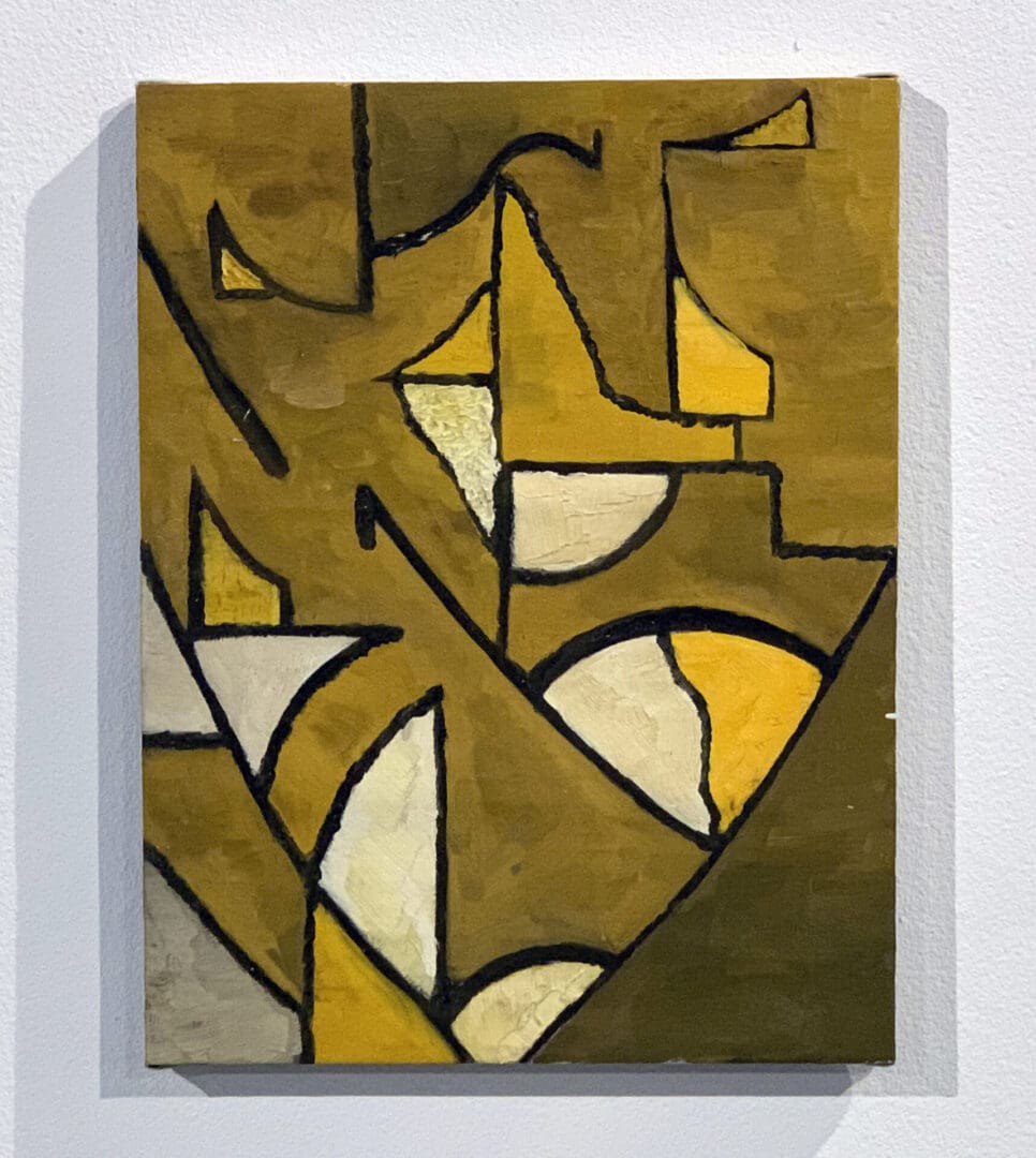 A painting of a brown and yellow abstract design.