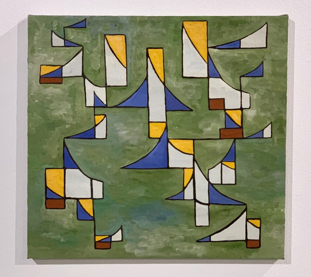Abstract geometric painting with colorful triangles and shapes on a green background.