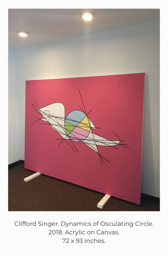 Abstract art piece with colorful geometric shapes on a pink canvas.
