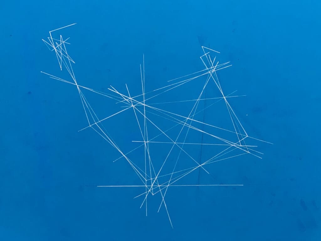 Intricate ice crystal formations on a blue surface.