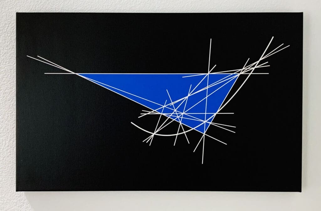 Abstract geometric art with a blue triangle and intersecting white lines on black.