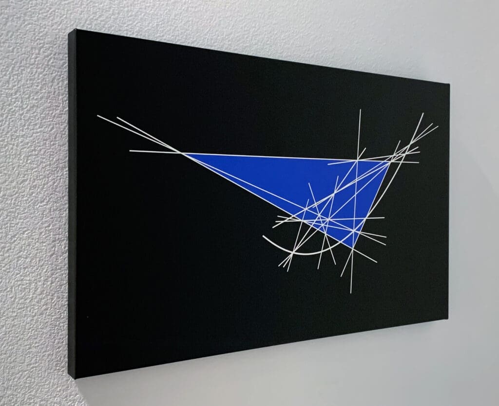 Abstract geometric art with blue and white lines on black canvas.