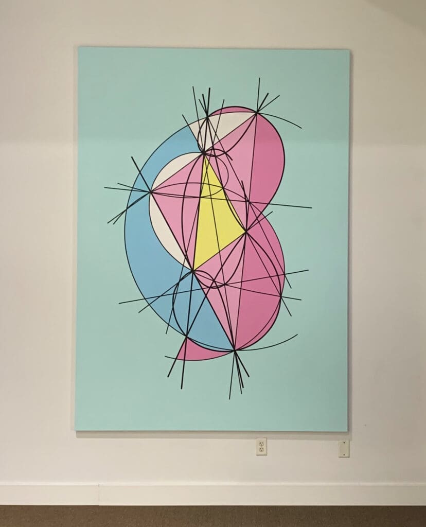 Abstract geometric painting with intersecting colorful shapes and lines.