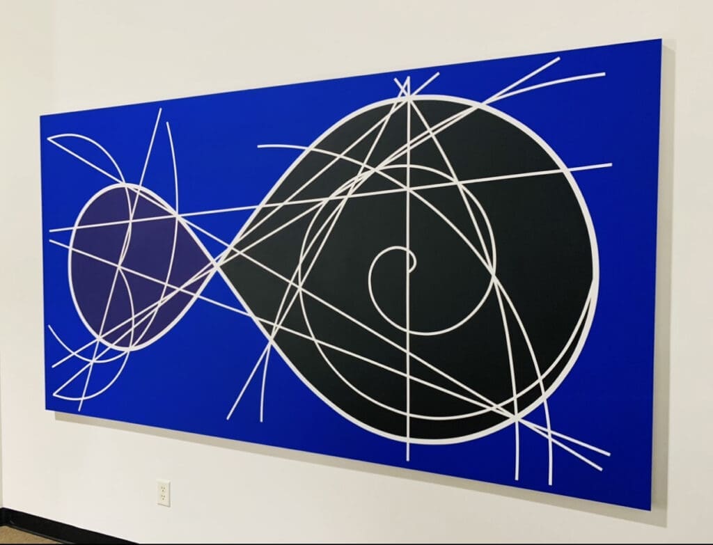 Abstract geometric art with spirals and lines on a blue background.