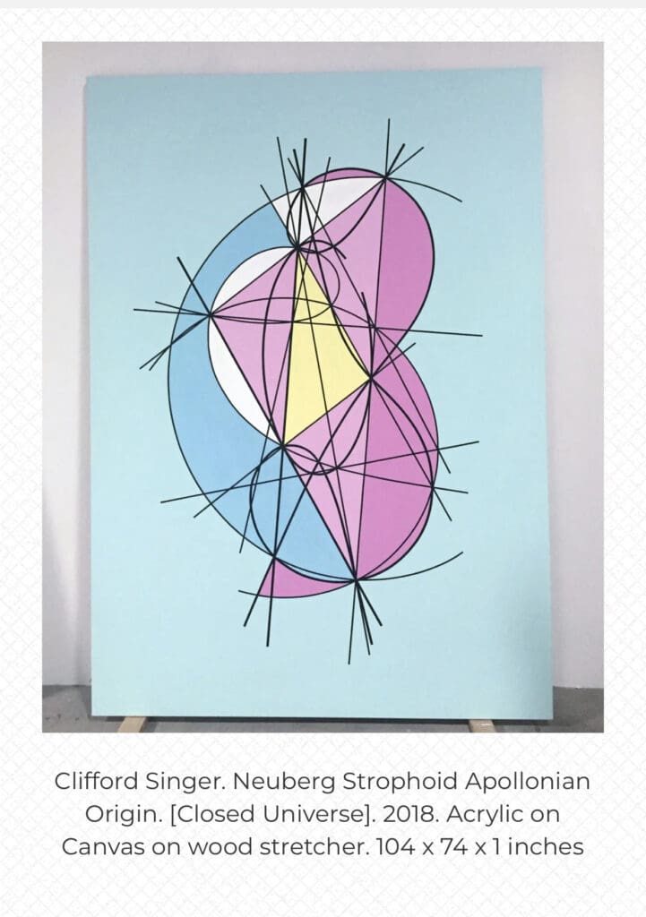 Abstract geometric shapes in pastel colors with intersecting lines on a white background.