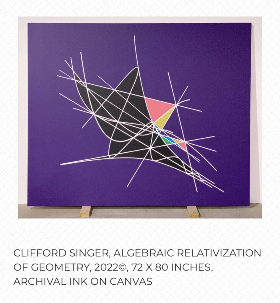 Abstract geometric artwork with intersecting lines and colored shapes on purple.