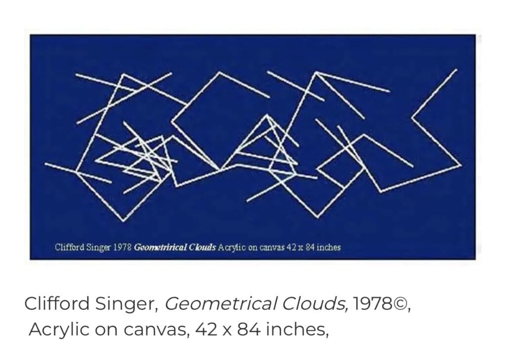 Abstract geometric artwork with intersecting white lines on a dark blue background.