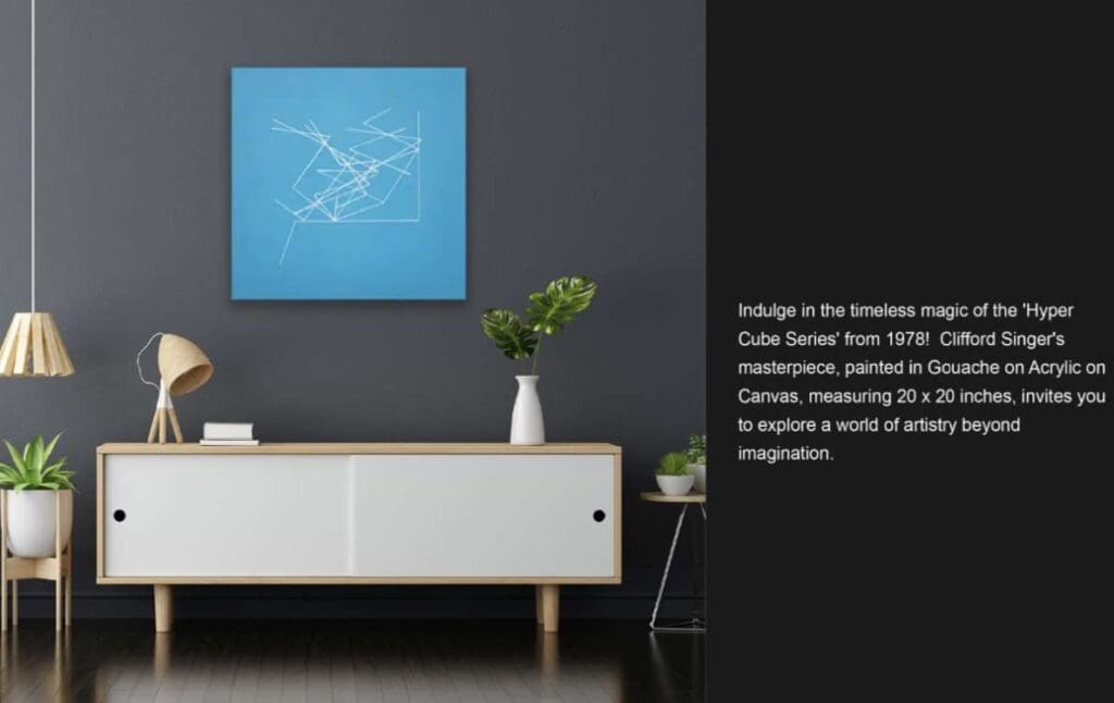 Modern interior with a minimalist sideboard and blue bird artwork.