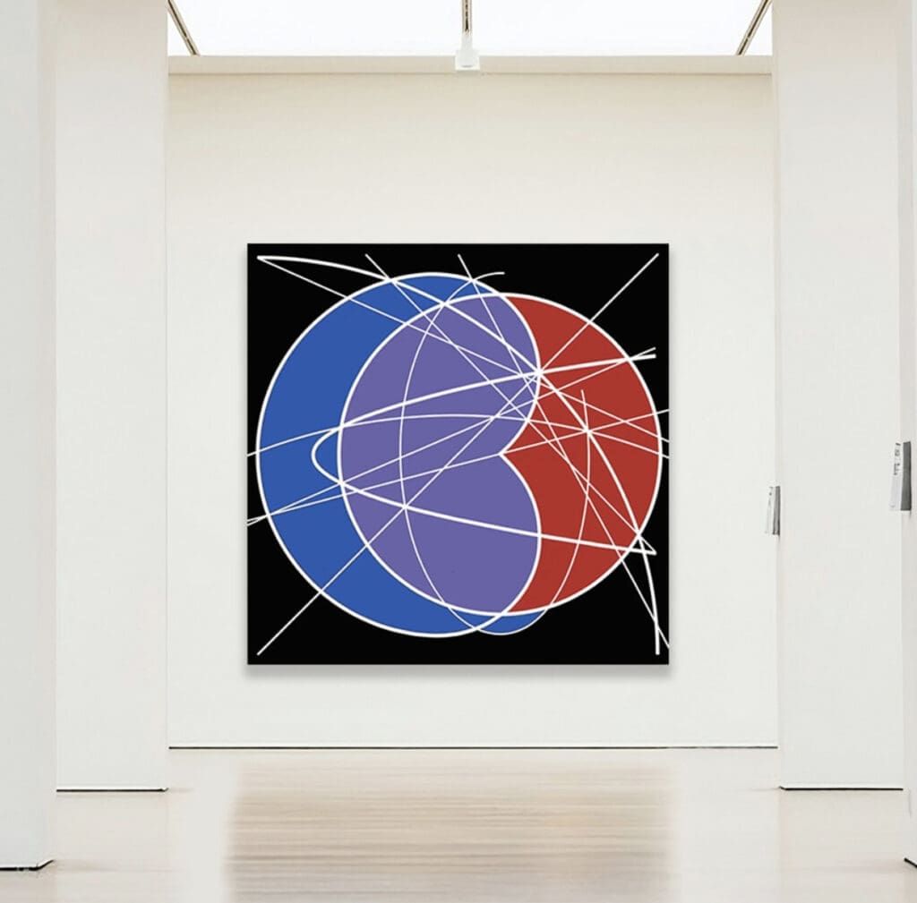 Abstract geometric art with overlapping circles and connecting lines in blue and red tones.