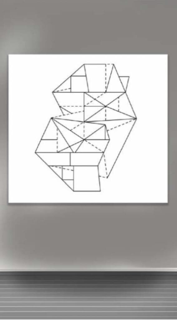 Symmetrical geometric structure drawing with dashed lines