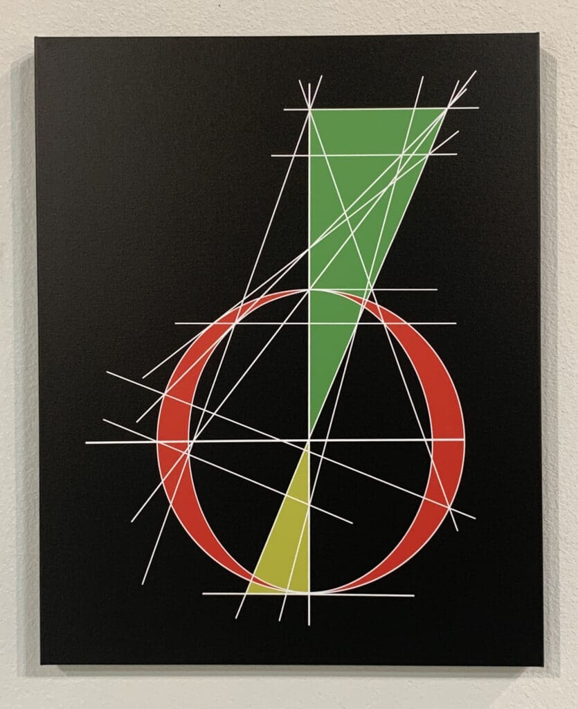 Abstract geometric artwork with red, green, and yellow shapes on black.
