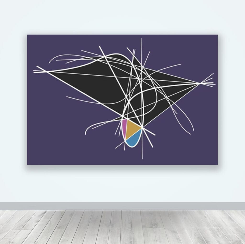 Abstract artwork with intersecting lines and colorful shapes on a dark background.