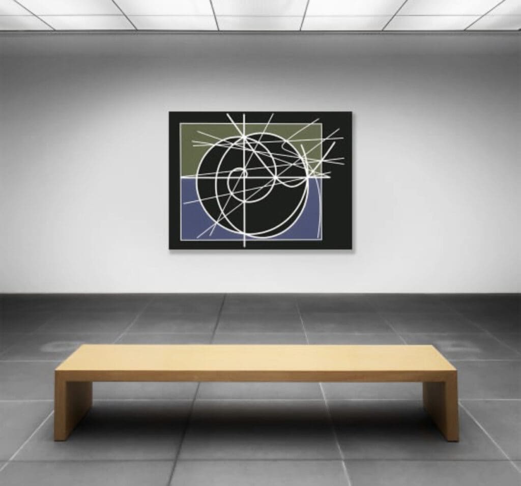Modern art piece with geometric shapes in a gallery setting.