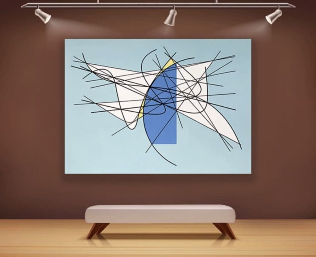 Abstract art with geometric shapes and dynamic lines on a blue background.