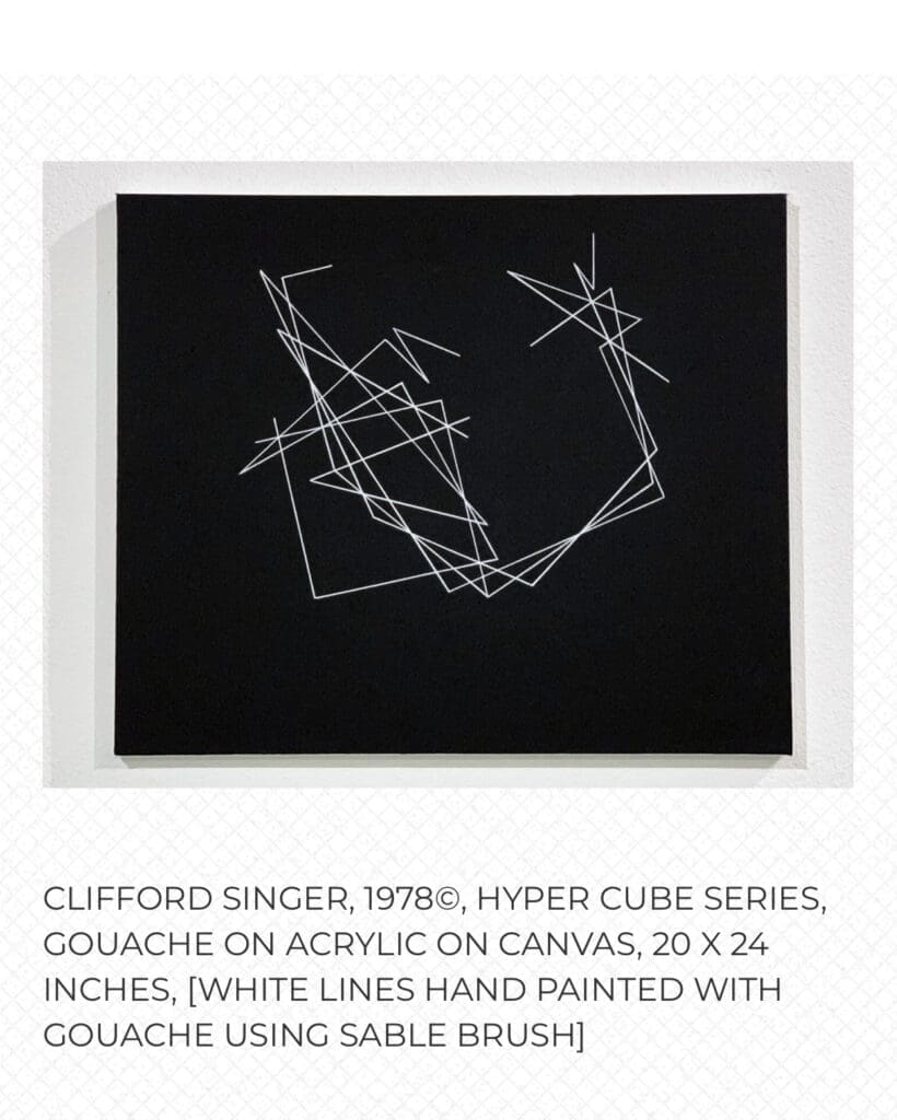 Abstract geometric lines on a black background framed in white.