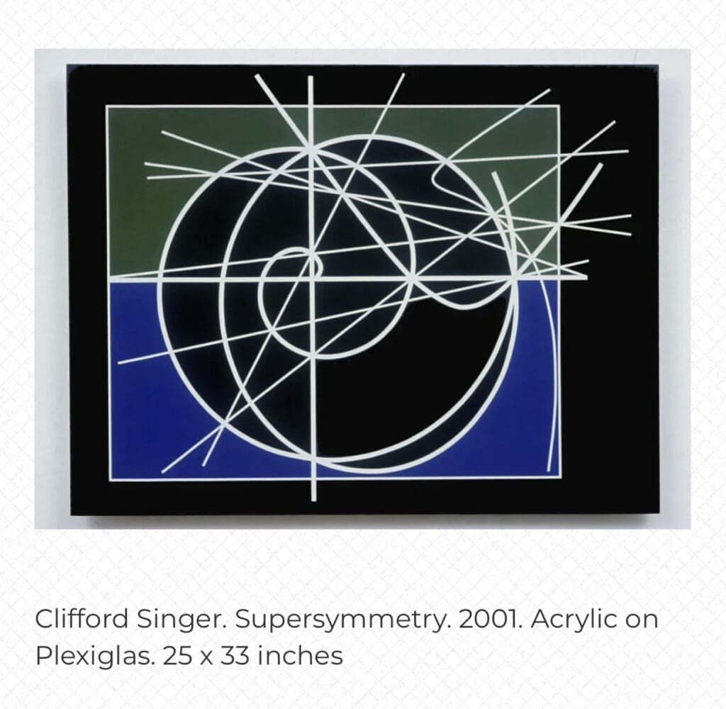 Abstract geometric painting with intersecting lines and shapes in green, blue, and black.