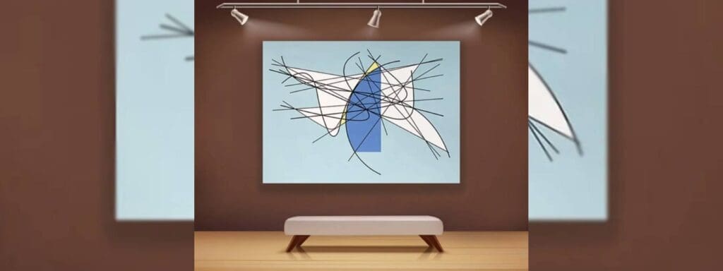 Abstract modern art with dynamic shapes and lines in blue and white.