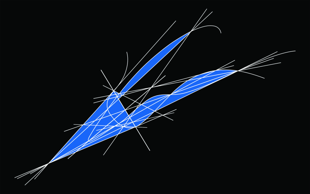 Abstract digital art with blue geometric shapes on a black background.