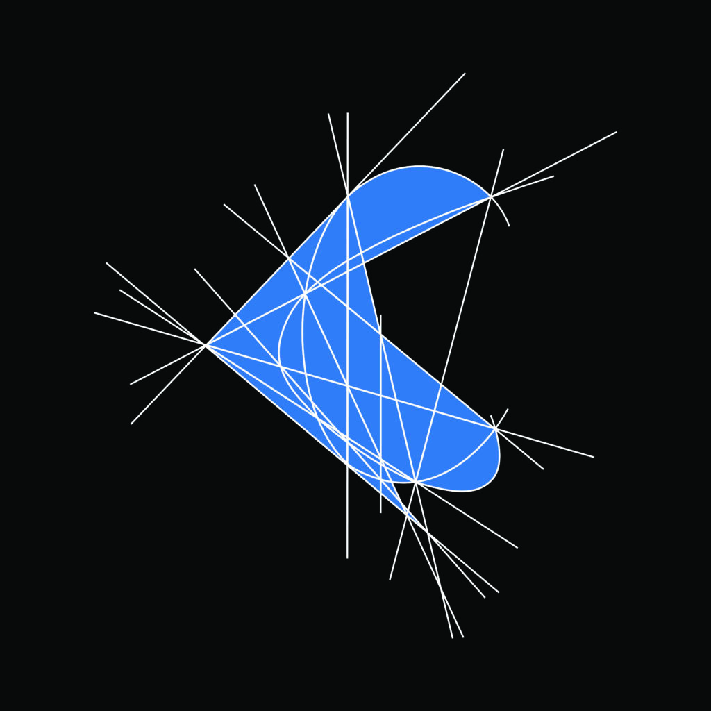 Abstract blue shape with intersecting white and gray lines on black.