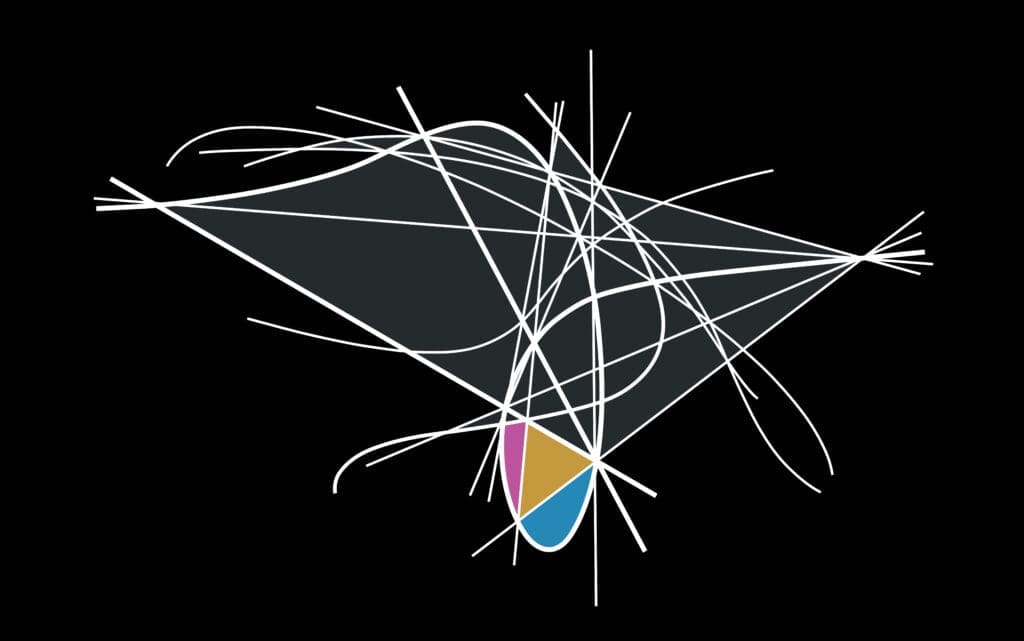 Abstract geometric shapes with curved and straight lines on black background.