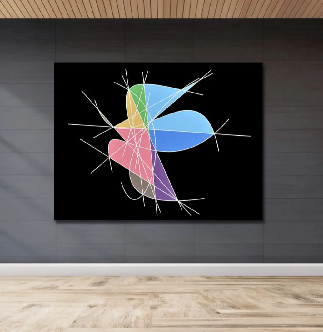 A painting of a colorful abstract design on black.