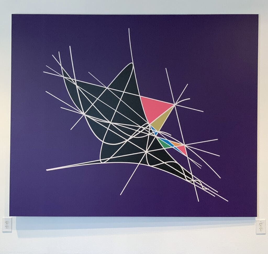 Abstract geometric artwork with intersecting lines and colored triangles on a purple background.