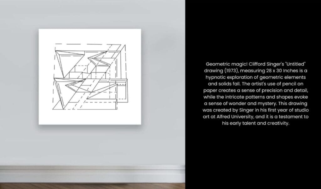 Architectural drawing displayed on a white wall in a gallery setting.