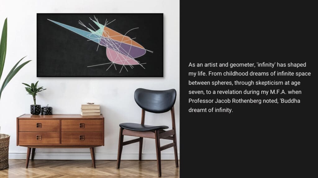 Modern chair and wooden cabinet against a wall with scientific art and text.
