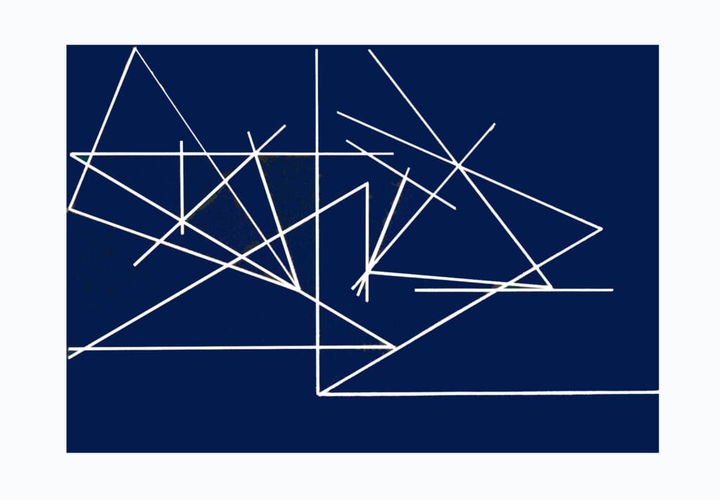 Abstract geometric lines and shapes on a dark blue background.