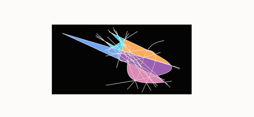 Abstract geometric shapes in blue, orange, and pink on black background.