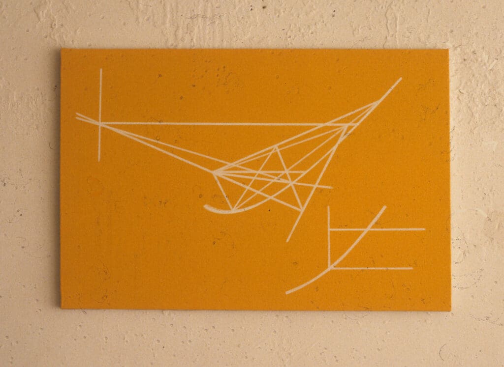 Abstract geometric design with intersecting lines on an orange background.