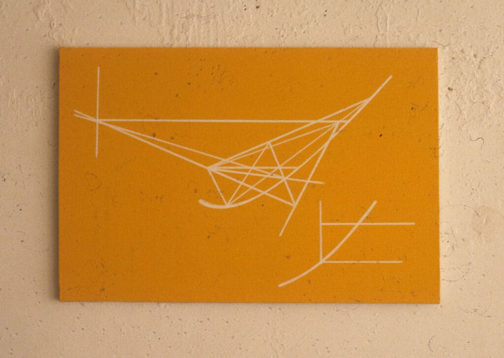 Abstract white geometric lines on an orange background.