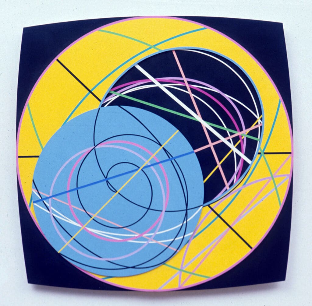 Abstract geometric art with overlapping circles and colorful lines on a dark square canvas.
