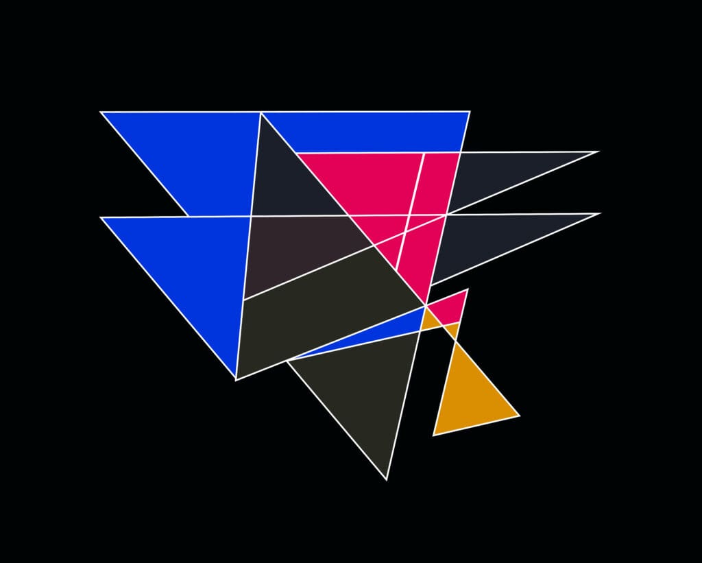 Abstract geometric shapes in blue, red, black, and orange on black background.