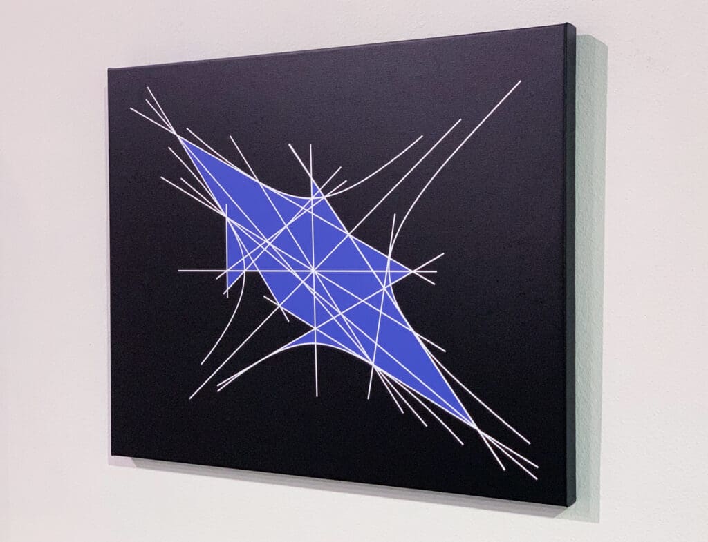 Abstract geometric wall art with blue and white lines on black canvas.