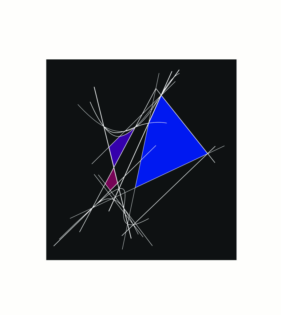 Abstract geometric art with blue and purple shapes on black background.